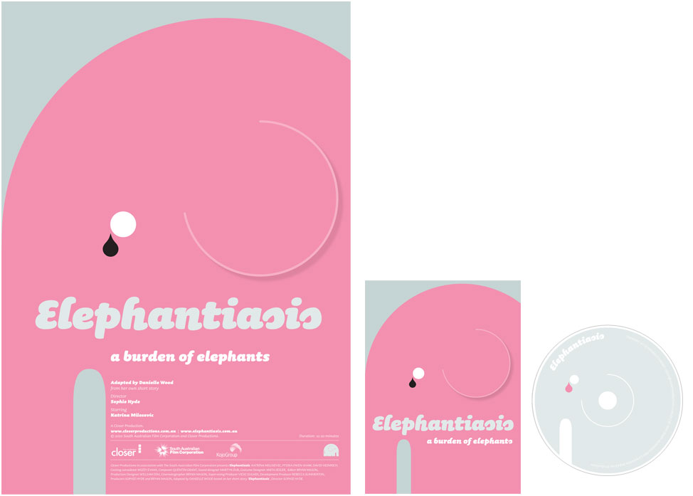 Various promotional material for the short film, Elephantiasis. Includes a poster, a disc cover and a disc.